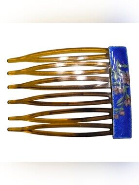 vintage tortoiseshell celluloid hair comb features a vibrant blue cloisonné